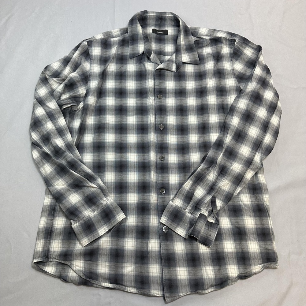 Theory Shirt Mens M Gray Plaid Twill Casual Smart Office Workwear